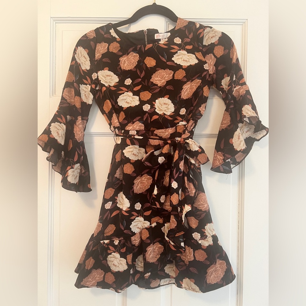 gb Girls Brown and Black Silk Floral Tie-Waist Dress